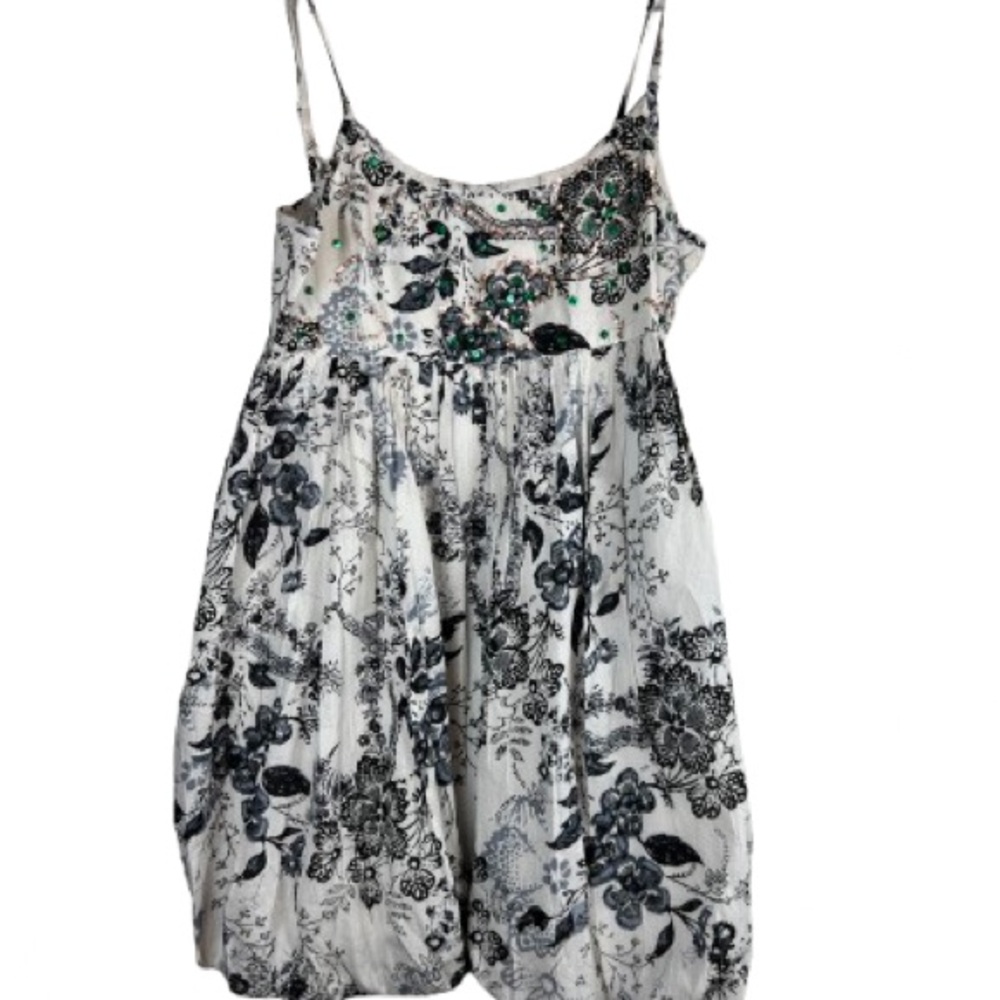 Chaudry KC Black White Floral Print Cotton Sundress with Beaded Detail Med NWT